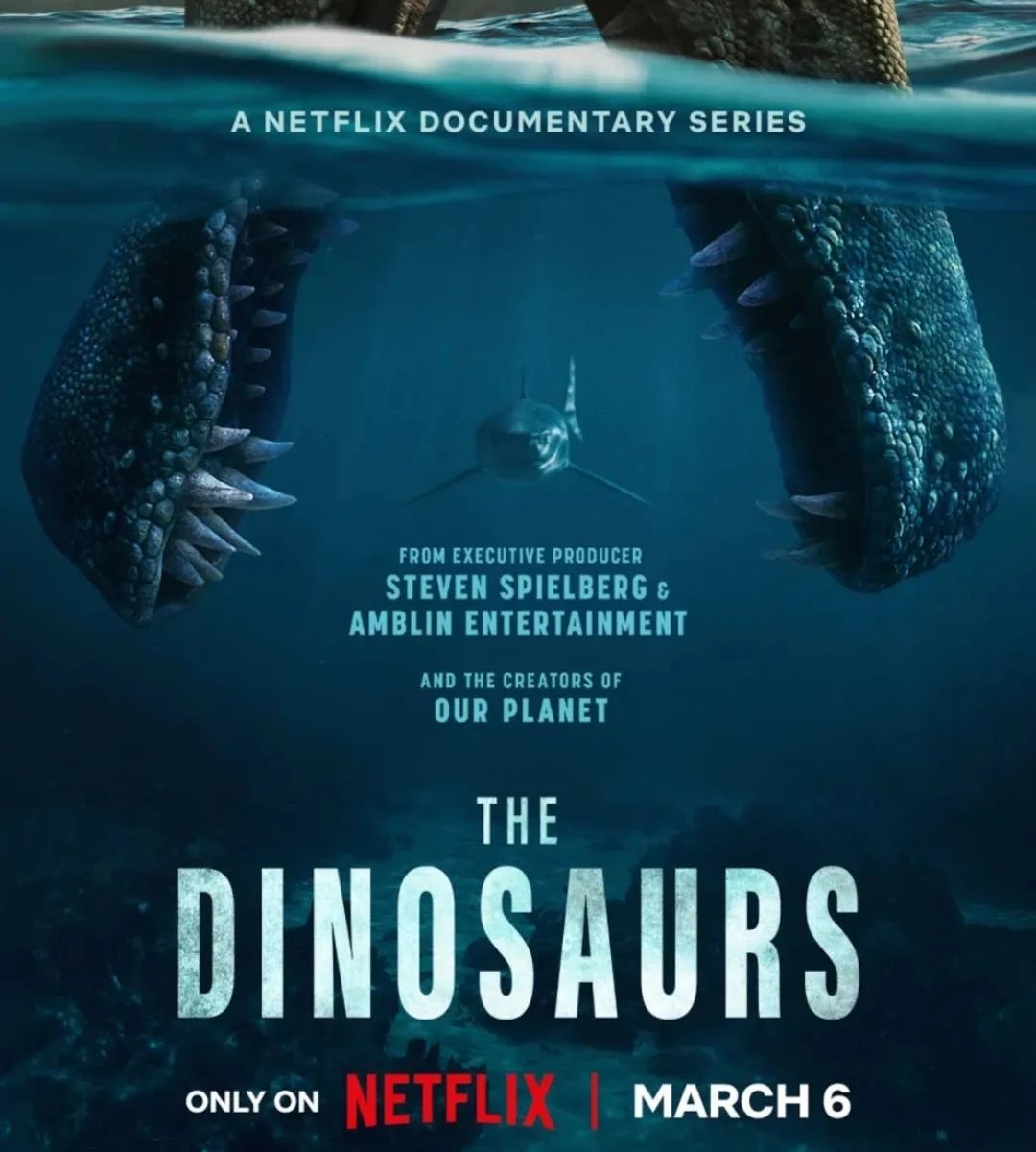 Poster docuserie The Dinosaurs su Netflix prodotta da Steven Spielberg